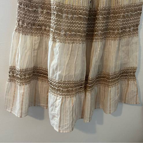 NWT NAOO cream and gold shimmer tiered peasant style maxi skirt size medium Tan