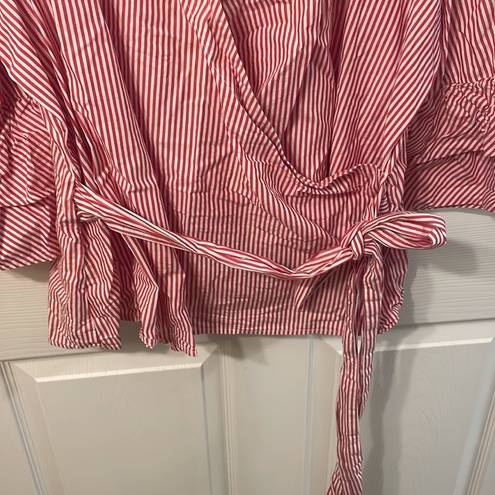 BeachLunchLounge Striped Faux Wrap Blouse with Ruffle Sleeves-XL SEE MEASUREMENTS