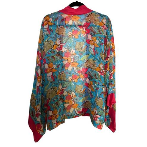 Marsh Landing  100% Silk Bright Floral Blue Pink Kimono Coverup Size L/XL