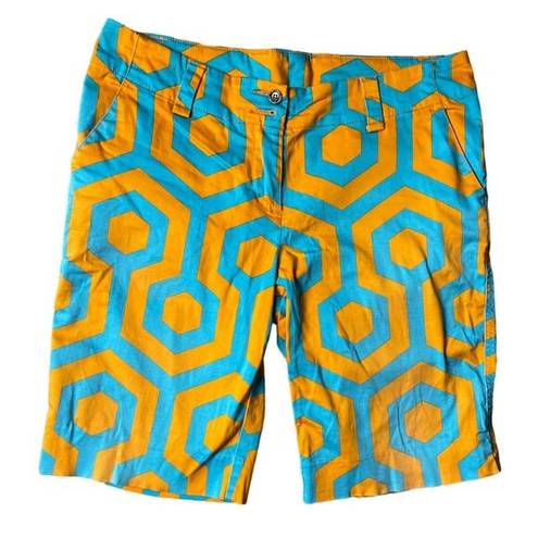 Bermuda LoudMouth Ladies Orange & Blue Geometric Pattern Fairway  Shorts Size 8