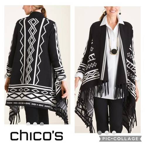 Chico's Chico’s Aztec print open front fringed cardigan front Black White  size XL