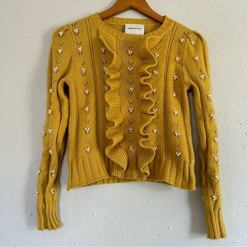 Industry  Yellow Pearl beaded ruffled front ribbed knit sweater Small Fall