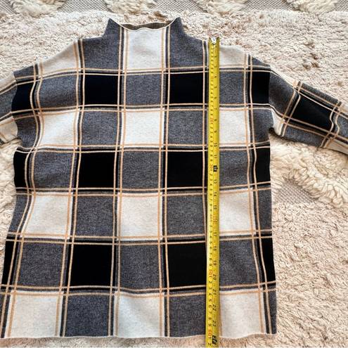 Tahari  Window Pane Plaid Black White Yellow Long Sleeve Mock Neck Sweater L