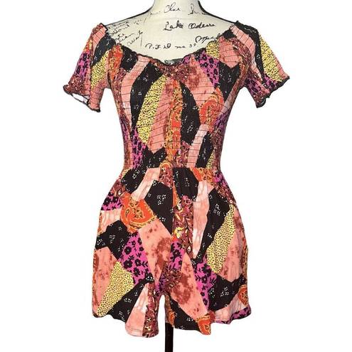 Nordstrom  BP orange multi patchwork smocked romper small NWT