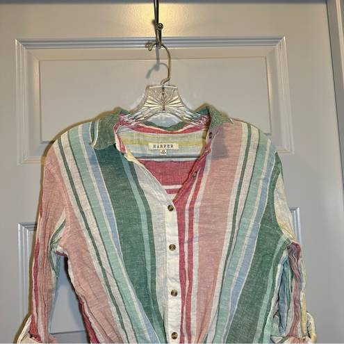 Harper  Multicolor Striped 3/4 Roll Tab Sleeve Button Up Tie Knot Blouse XS