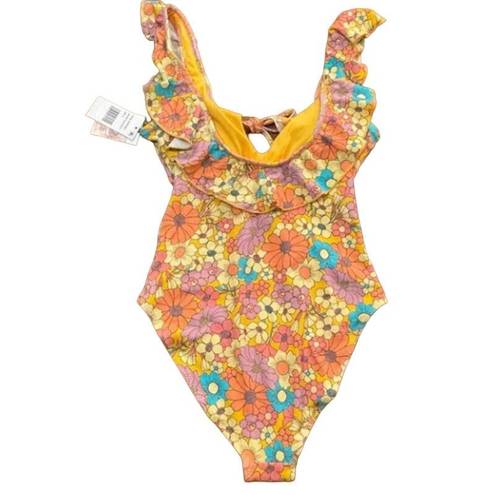 Jessica Simpson  Floral Yellow Rendevous Ruffled-Neck Swimsuit Medium NWT