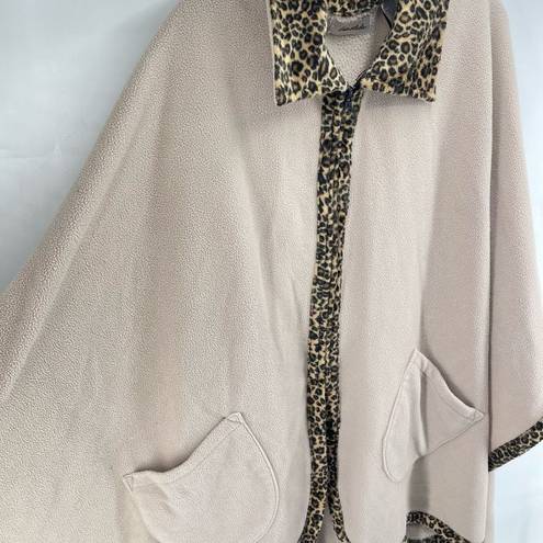 Moda Le  Womens Wrap blanket Sweater Leopard Trim Full Zip Pocket Beige Tan One S