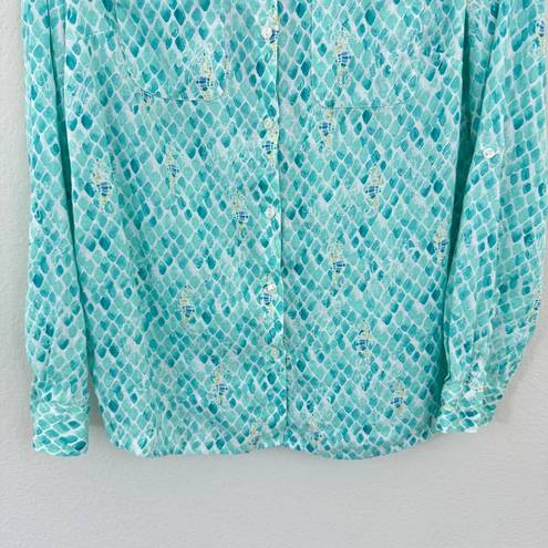 Charter Club  Women 100% Linen Button Front Pastel Sea Horse Shirt Top Aqua Sz M