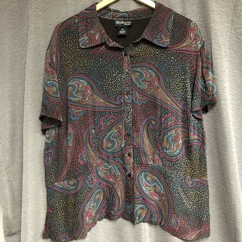 Style & Co , 22W button collared top, short sleeves, brown blue, maroon paisley