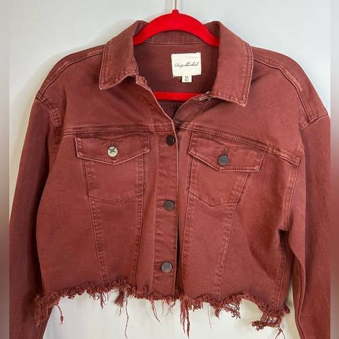 Unpublished  Distressed Denim Jacket Brick Red Color Cropped Frayed