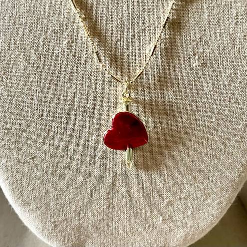 NWT Dagger In Red Heart Pendant on a Unique Gold Ball Chain Statement Necklace