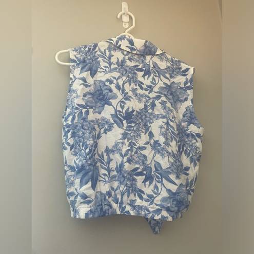 Joie cropped sleeveless top blue purple florals button down collared small