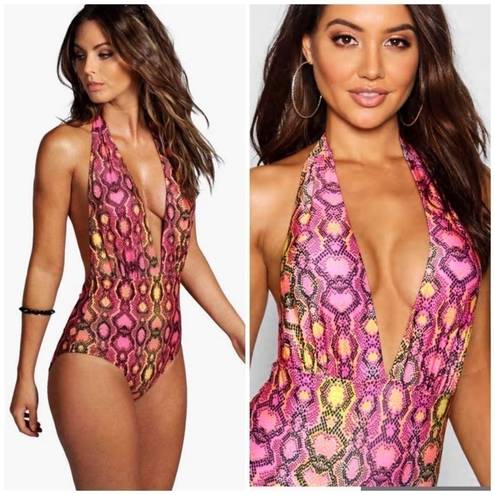 Boohoo  Pink Neon Yellow Snake Print Morocco Deep Plunge One Piece Swimsuit Sz 12