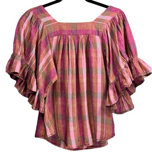 Beach Lunch Lounge Plaid Linen Blend Blouse Top M