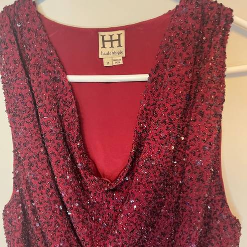 Haute Hippie  Hand Beaded Red Beads & Sequin Draped Neckline Silk Top Sz M