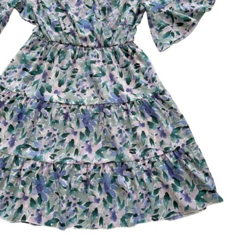 a.n.a -Kaci Dress Lavender Green Floral Flutter Short Sleeve Tiered Boho Small