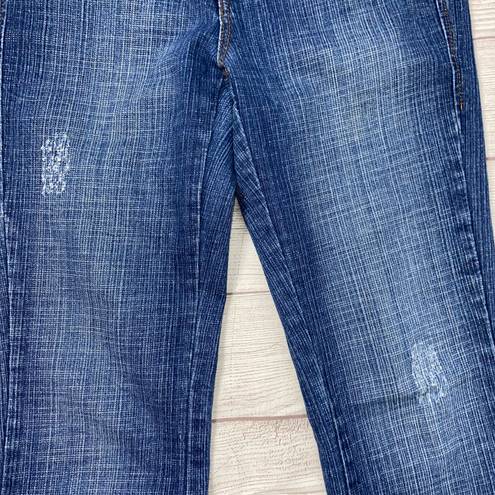 Cache cotton blend lightly distressed flare leg jeans w/embroidery blue sz 6