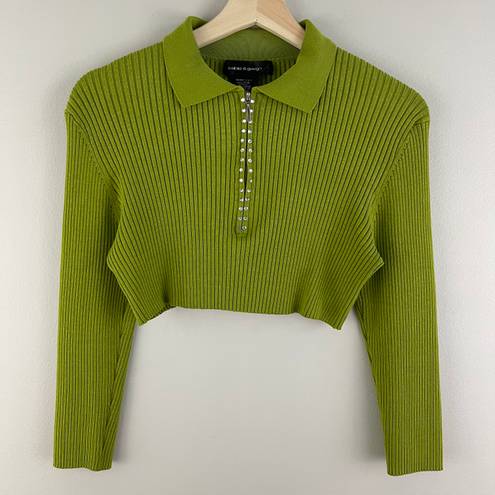 Cable and Gauge  Y2K 90’s Vibes Green Ribbed Rhinestone Half Zip Cropped Sweater