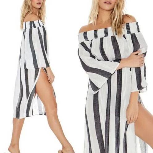 l*space L* Izzy Striped Smocked Coverup Womens Size M Off The Shoulders Side Slits