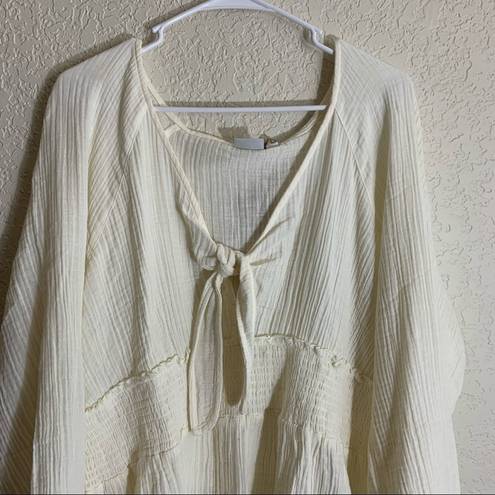 True Craft  Plus Size Smock Waist Peasant Top in Ivory Bow Tie Detail Blouse