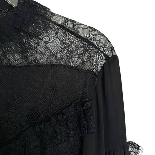 Alexis  Silk Lace Trim Mock Neck Blouse with Faceted Buttons Black Size L