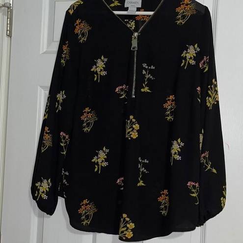 Carmen Marc Valvo Carmen - Black Floral Blouse Silver Zipper - 1X