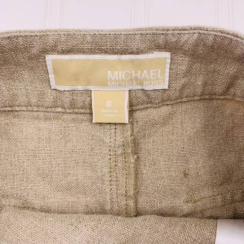 Michael Kors  Skirt Womans 6 Tan Raw Edge Linen Mini Pencil Faux Wrap Button