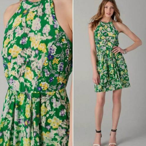 Rebecca Taylor  2 Silk Mini Dress XS Green Garden Floral Sleeveless Flutter