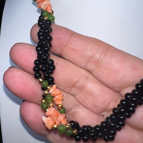 Onyx Vintage Black  Coral & Jade Bead Necklace