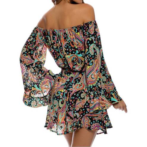 Luli Fama  Gypsy Off Shoulder Bell Sleeve Boho Paisley Floral Dress Size Small