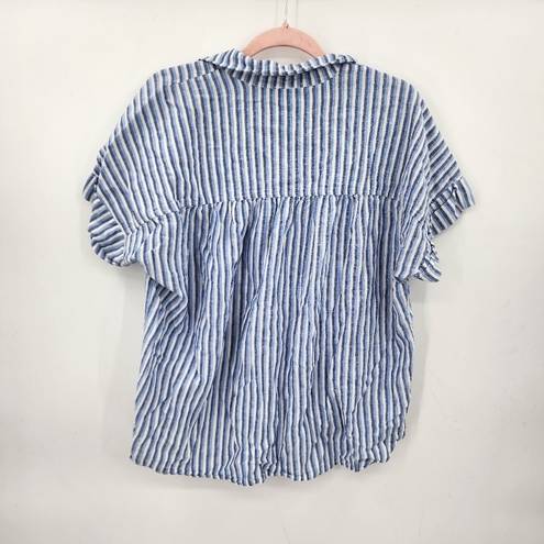 Draper James  Linen Blend Striped Roll Sleeve Women Large Button Front Top