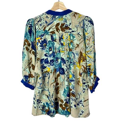 Tracy Reese  Tan & Blue Floral Button Down Silk Long Sleeve Top S