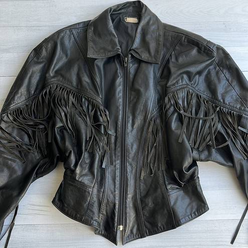 Vintage 80s Oversized Black Leather Fringe Jacket M Size M