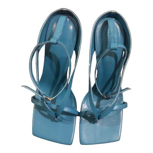 Bottega Veneta Bitters Veneta blue leather square toe ankle strap sandal.