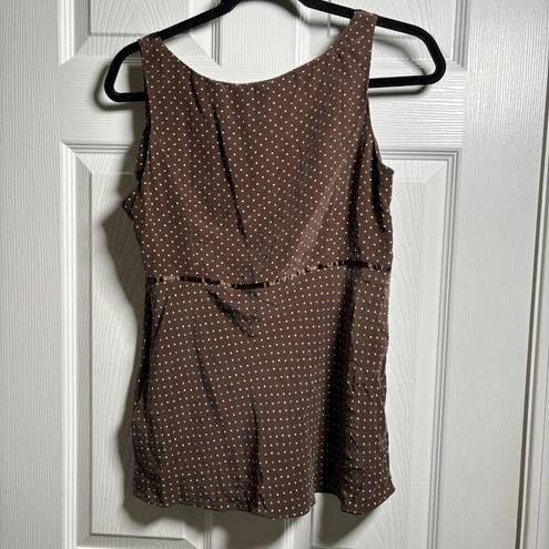 Nine West VTG Y2K 100% Silk Brown Polka Dot Tank Top Sz 6 V Neck Lace Embroidered Retro