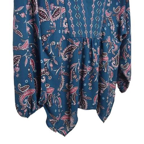 Style & Co  Womens Blue Long Sleeve Paisley Print Peasant Oversized Blouse Small