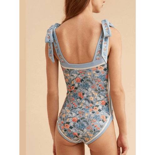 One Piece Vintage Light Blue Floral Print Reversible Tie-Shoulder  Swimsuit Large