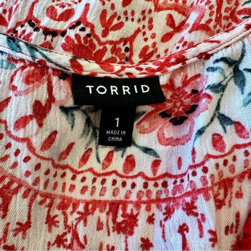 Torrid  Babydoll Crinkle Gauze Crochet Inset Lace-Up Top Red Floral Size 1X