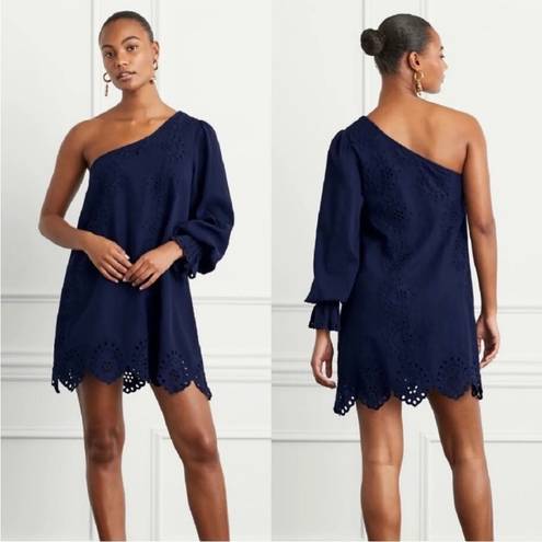 Hill House NWT  Mila Dress One Shoulder Navy Linen Blue Eyelet Sz S