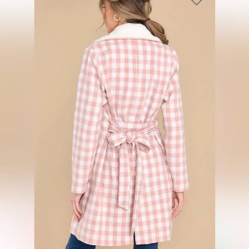 Aura  It's A Look Light Pink Plaid Coat Tie Double Breast Pearl Button M J NWT