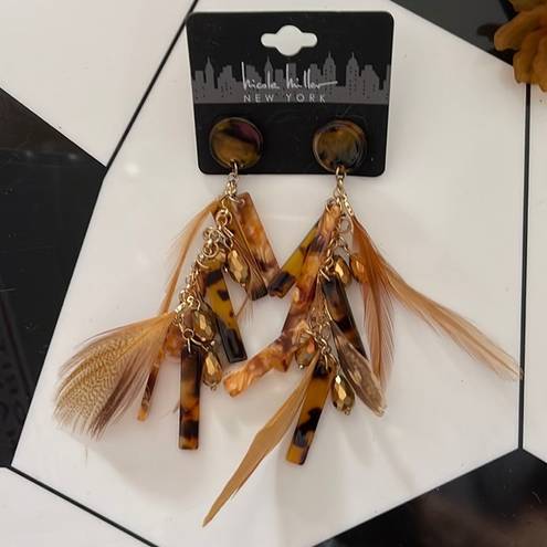 Nicole Miller  Tortoise Amber Feather Gold Dangling Earrings