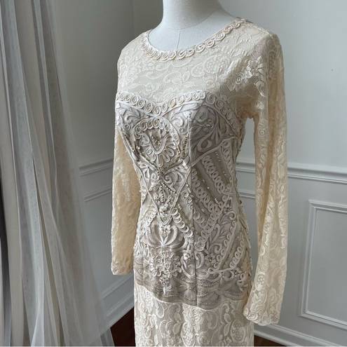 Sue Wong  Nocturne Illusion Soutache Embellished Long Sleeve Cream Formal Dress 2