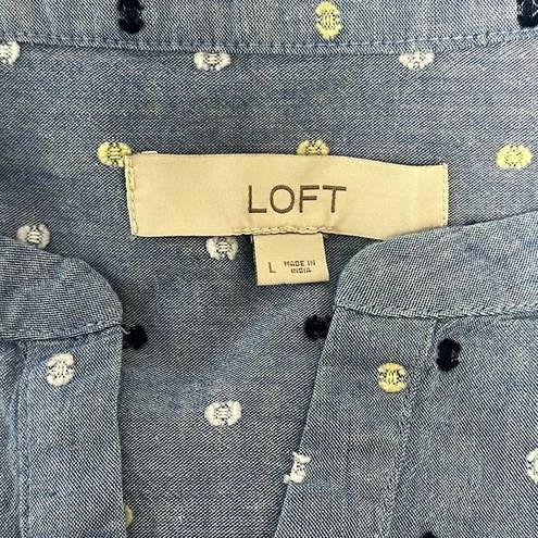 Loft Chambray Clip Puff Sleeve Button Swing Dress Sz Large