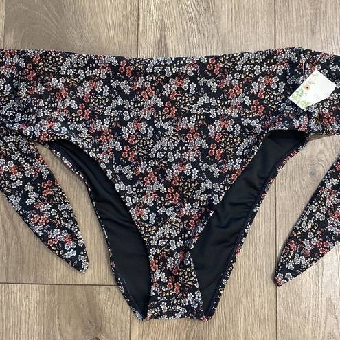 Chelsea and Violet  High Waist Front Tie Black Floral Bikini Swim Bottoms Large