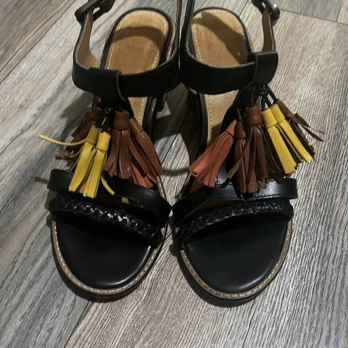 Isabel Marant  Black Brown Yellow Orange Tassel Chunky Heel Sandals Leather Sz 8