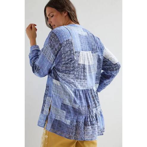 Pilcro  Anthropologie Tiered Tunic Blouse Patchwork Blue Sz XL | Western Cowgirl