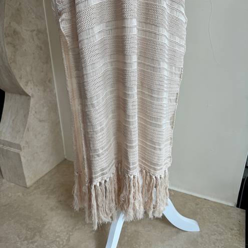 Lush Clothing LUSH Light Beige Long Sleeve Open Knit Fringe Trimmed Women Size S Long Cardigan