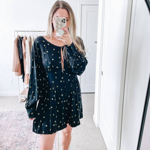 Free People  Black Printed Long Sleeve Romper  