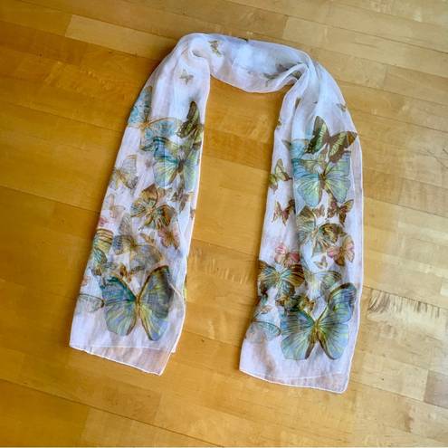 Ecru Butterfly Print Sheer, Lightweight Scarf, Ivory, Cream, , Colorful