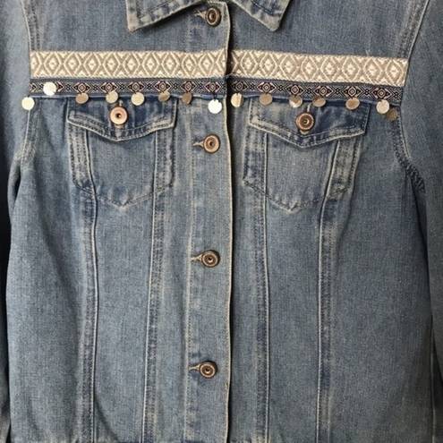 Boom Boom Jeans Embroiled denim jacket with pom poms button up fall winter size medium